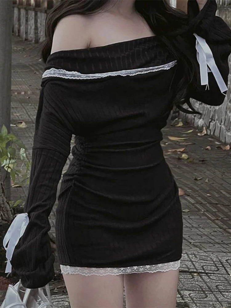 Lace Splice Mini Dress for Bandage Off the Shoulders Slim Ribbing Dresses Bodycon Dress Woman