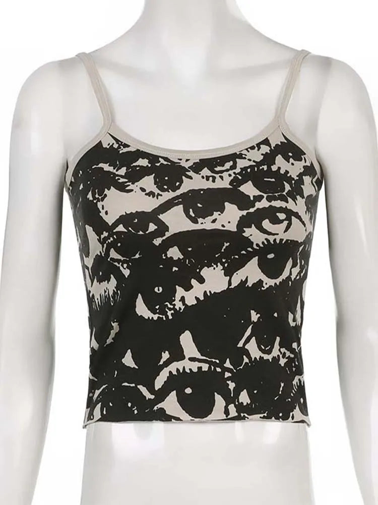 Gothic Portrait Print T-shirt Aesthetic Y2k Crop Tops Short Sleevle Vest Tees Harajuku White Suspenders Clothes
