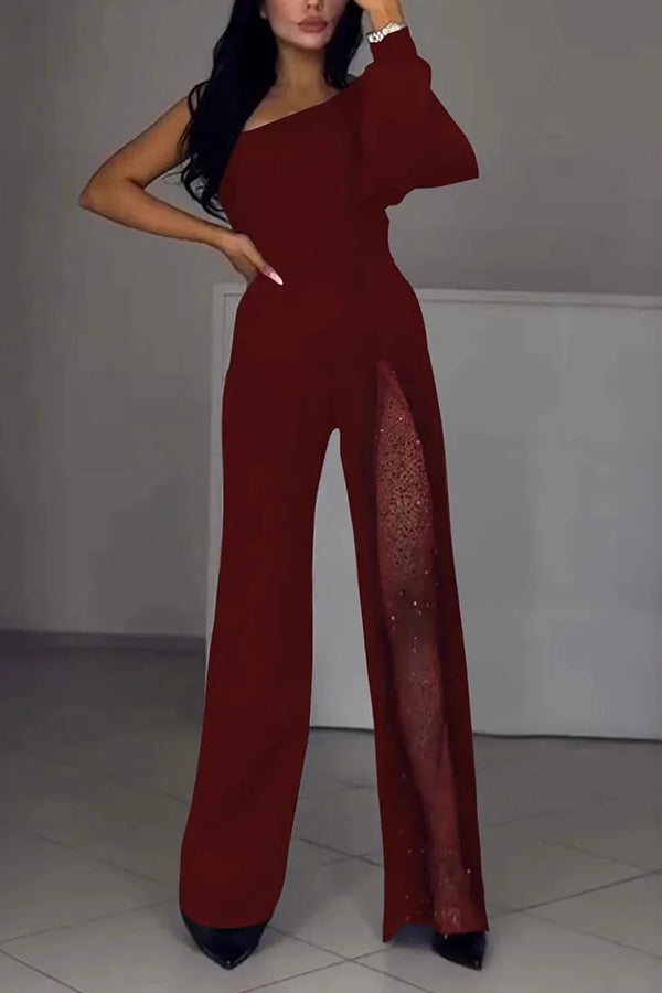 Fashionable Oblique Shoulder One-sleeve High Slit Slim Jumpsuit