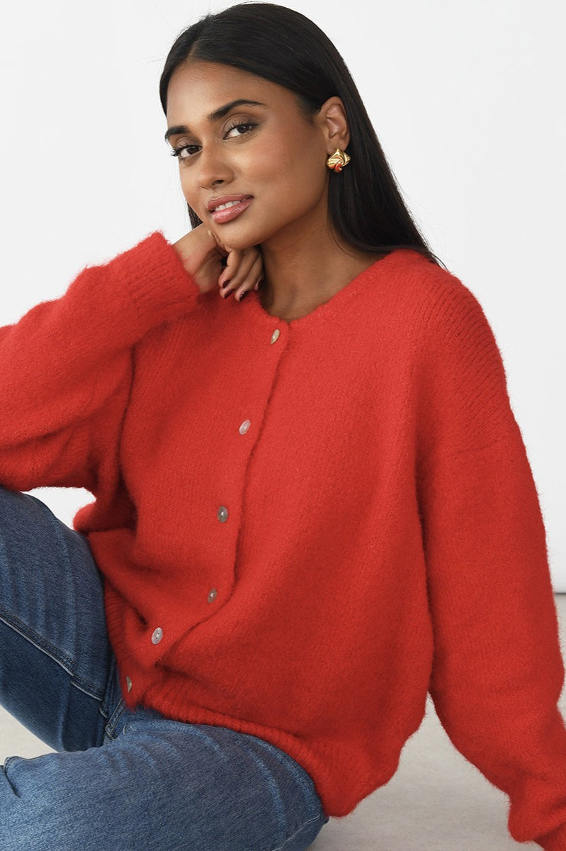 Soft Gray Shell-button Knit Cardigan