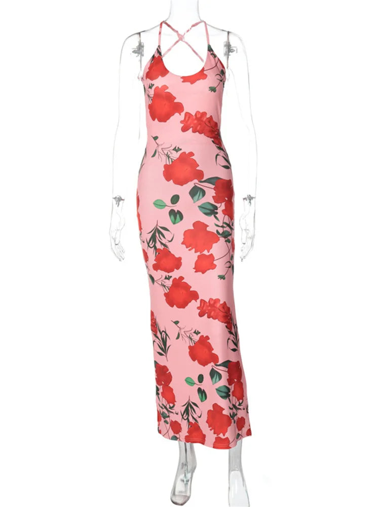 Printed Backless Dress for Bandage Summer Slim Party Dress Gown Lace-up Maxi Dress