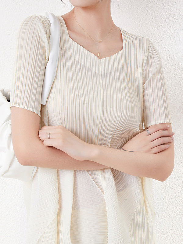 Short Sleeves Pleated Color Round-neck Midi Dresses