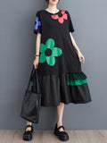 Loose Short Sleeves Printed Split-joint Round-neck Midi Dresses
