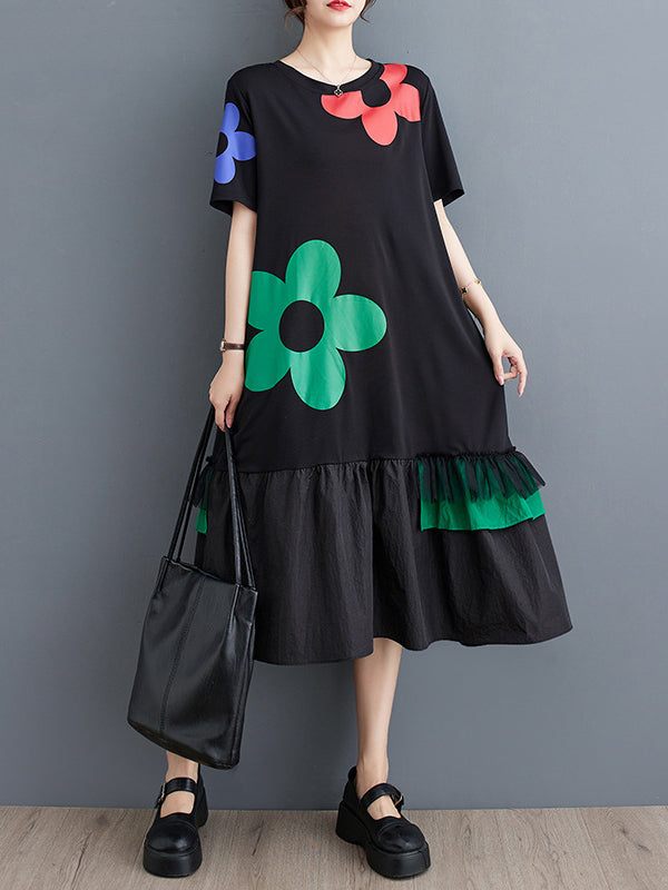 Loose Short Sleeves Printed Split-joint Round-neck Midi Dresses