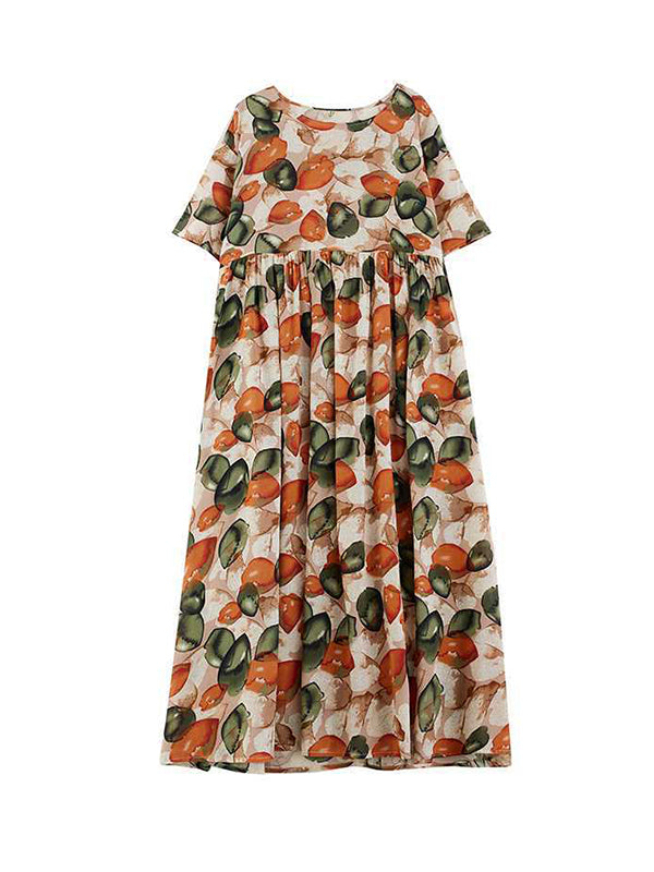 Half Sleeves Loose Pleated Printed Split-joint Round-neck Midi Dresses