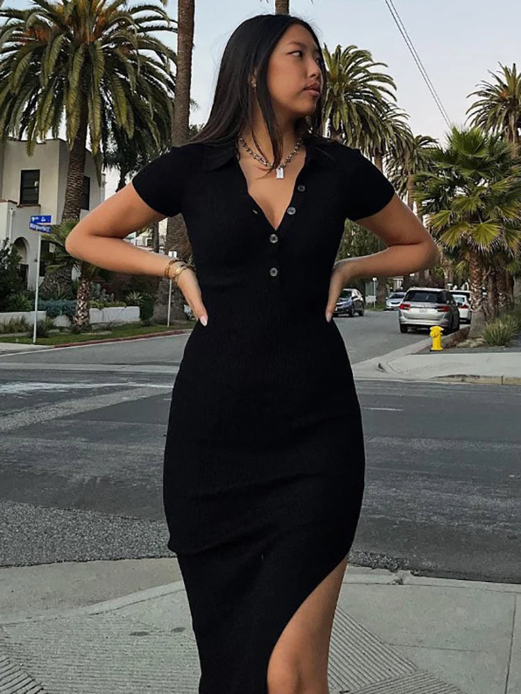 Knitted Bodycon Dress V-neck Short Sleeve Split Long Dresses Autumn Black High Street Party Vestidos