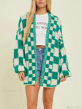 Checkered Loose Long Sleeve Open Front Cardigan