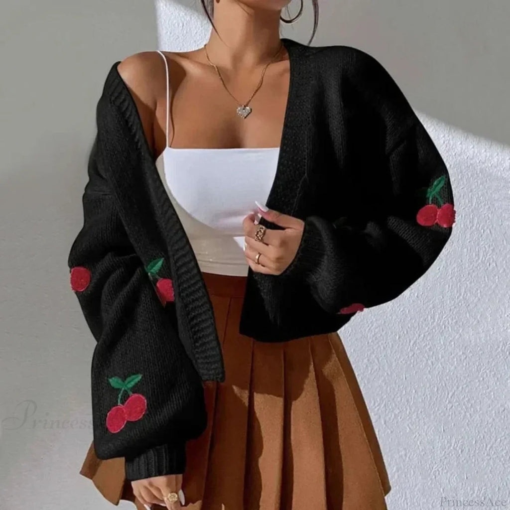 Cherry Embroidery Loose Long Sleeve Knit Cardigan