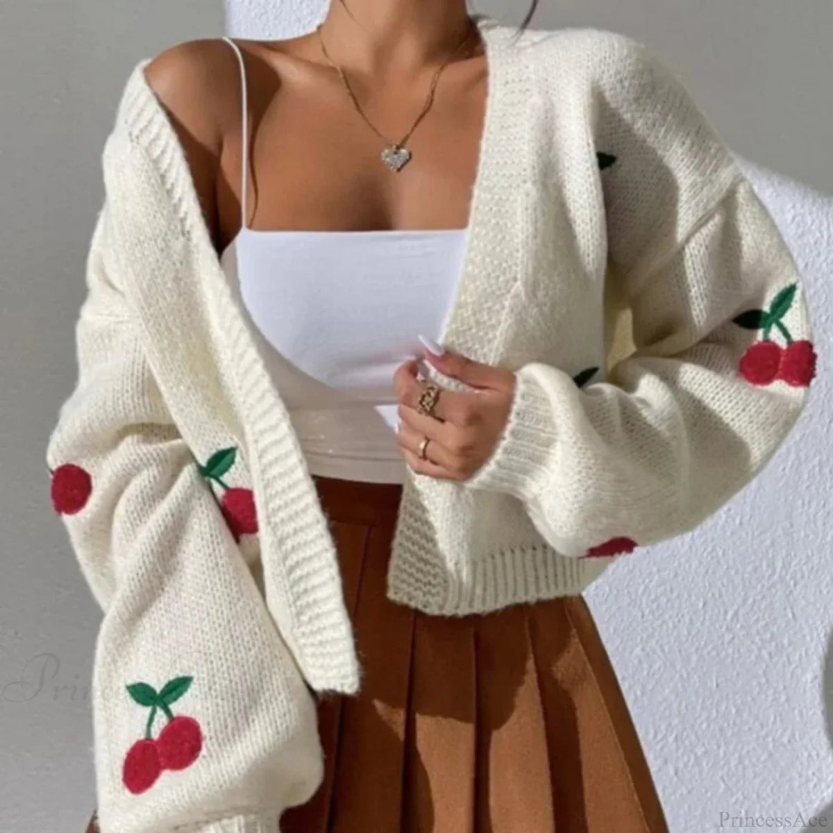 Cherry Embroidery Loose Long Sleeve Knit Cardigan