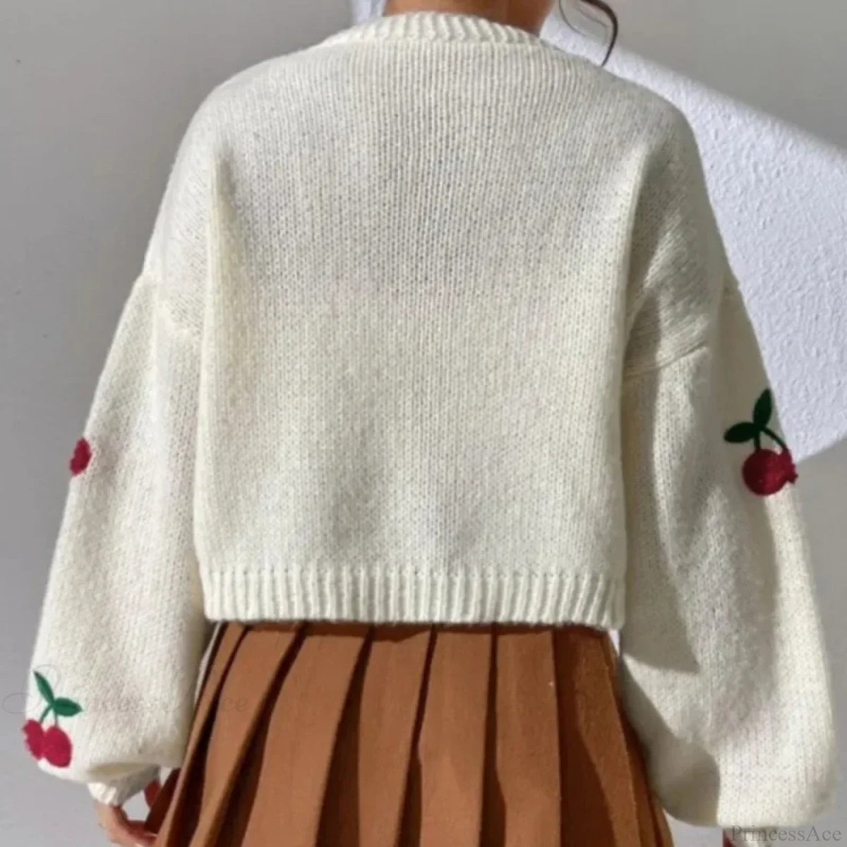 Cherry Embroidery Loose Long Sleeve Knit Cardigan