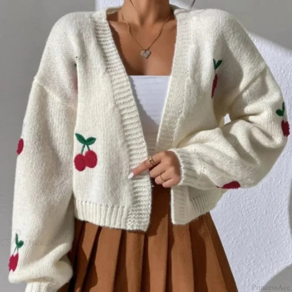 Cherry Embroidery Loose Long Sleeve Knit Cardigan