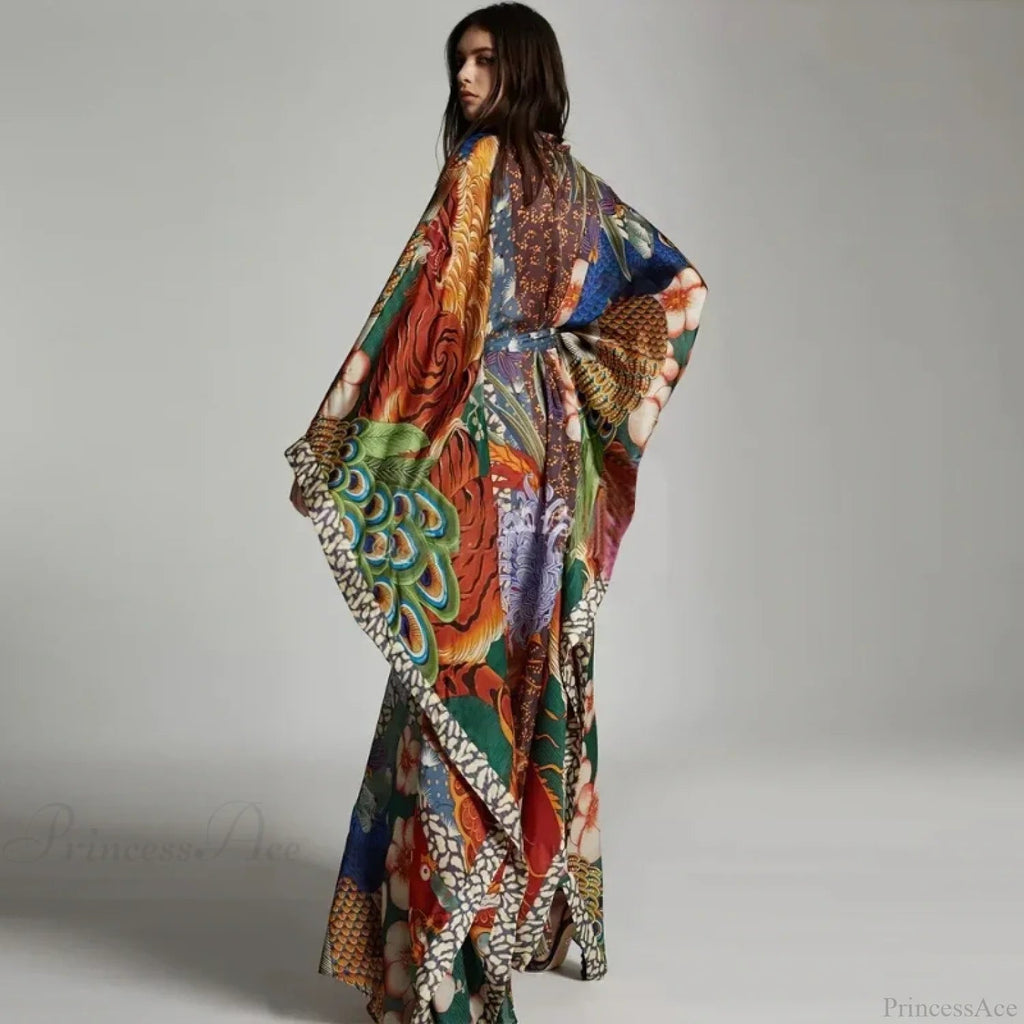 Chiffon Peacock Pattern Long Cardigan Cover Up