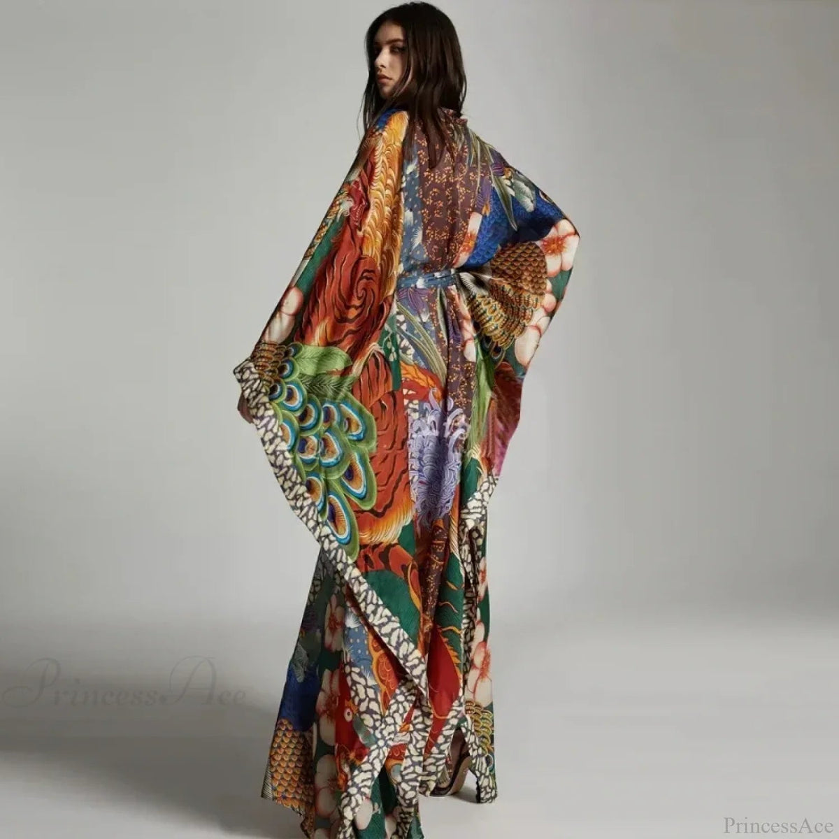 Chiffon Peacock Pattern Long Cardigan Cover Up