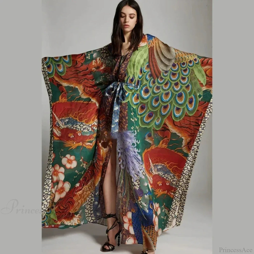 Chiffon Peacock Pattern Long Cardigan Cover Up