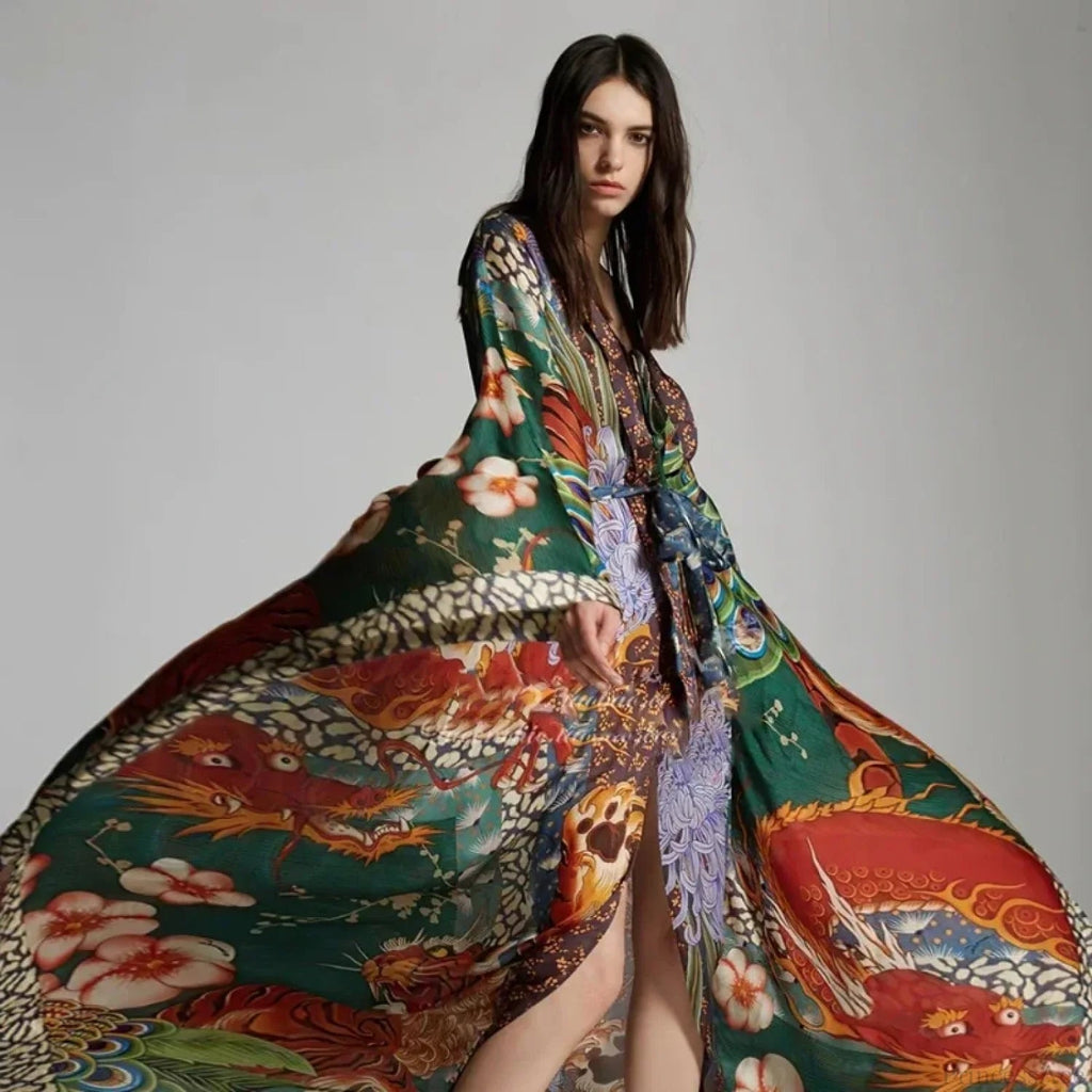 Chiffon Peacock Pattern Long Cardigan Cover Up