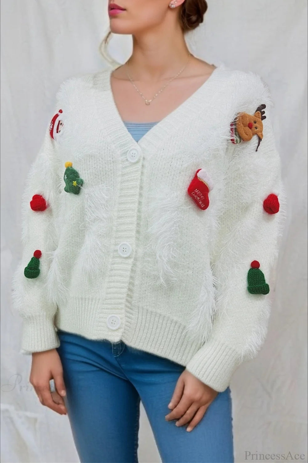 Christmas Mink Fleece 3d Trim Single-breasted Cardigan Sweater