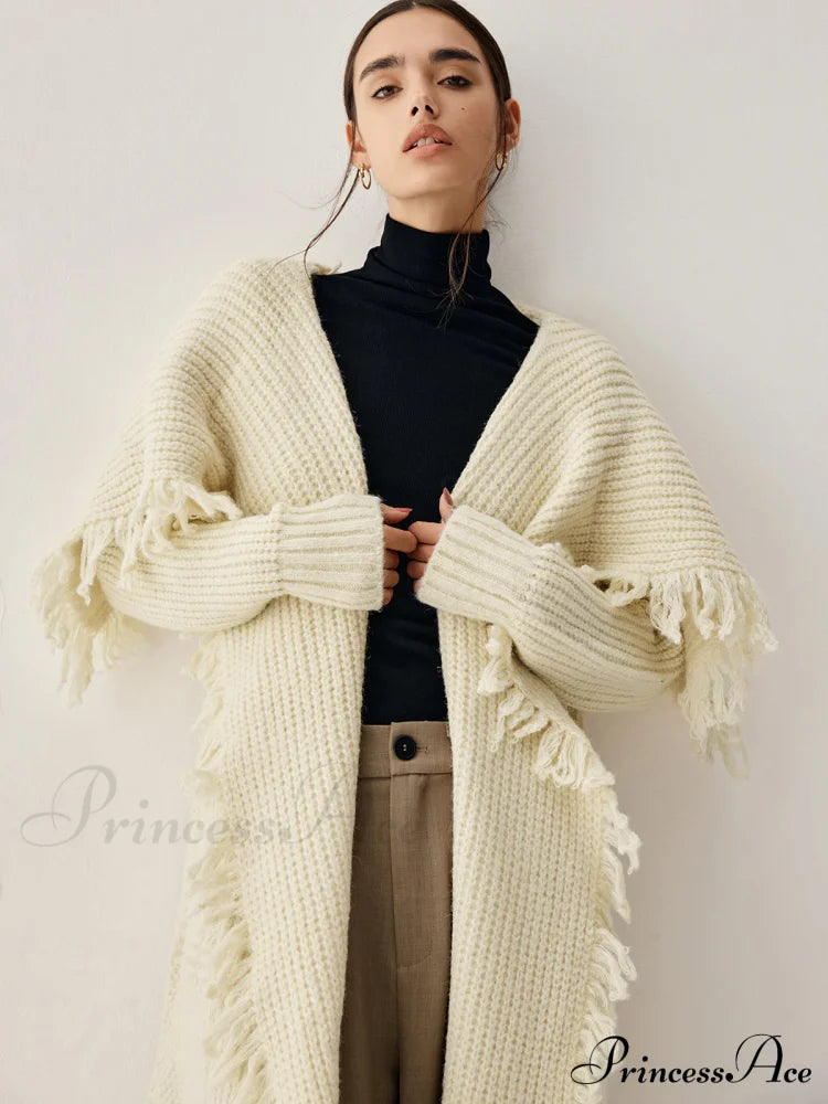 Chunky Knit Tassel Hem Poncho Cardigan