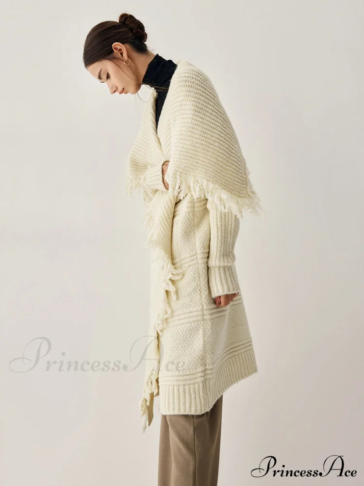 Chunky Knit Tassel Hem Poncho Cardigan