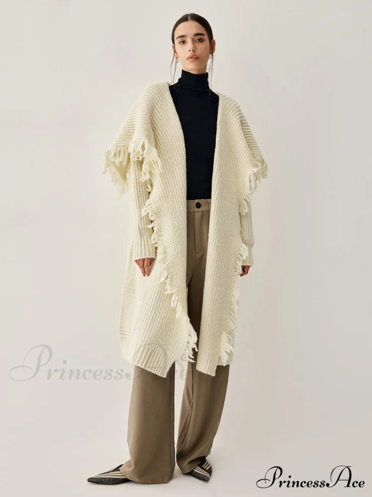 Chunky Knit Tassel Hem Poncho Cardigan