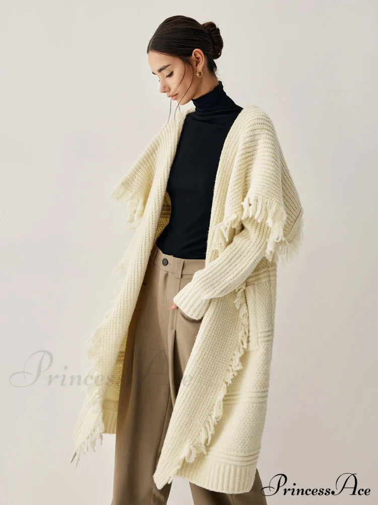Chunky Knit Tassel Hem Poncho Cardigan