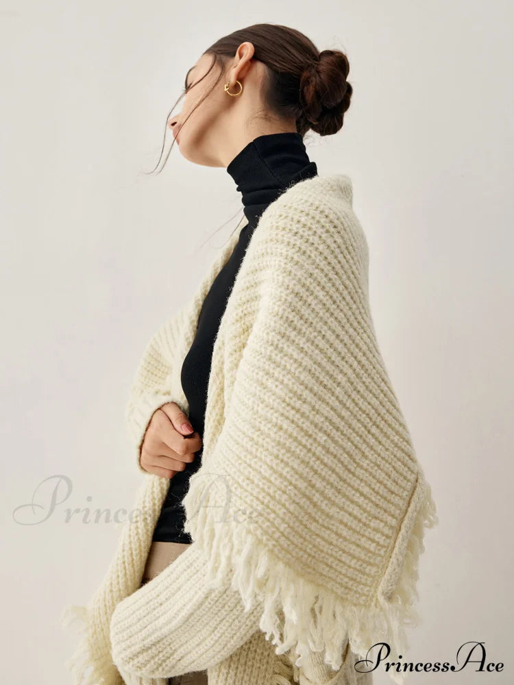 Chunky Knit Tassel Hem Poncho Cardigan