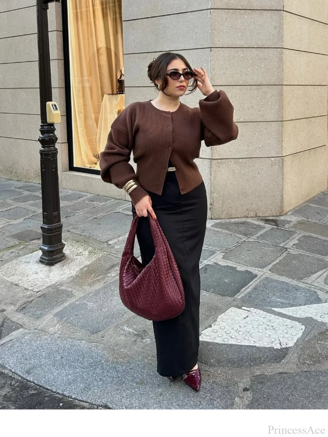 Coffee Color Round Neck Loose Cardigan