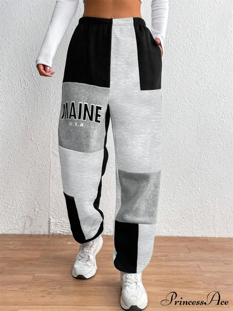 Color Block Jogger Letter Patchwork Print Knitting Slant Pocket Pants