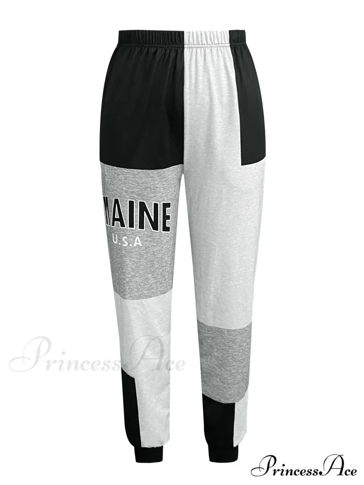 Color Block Jogger Letter Patchwork Print Knitting Slant Pocket Pants