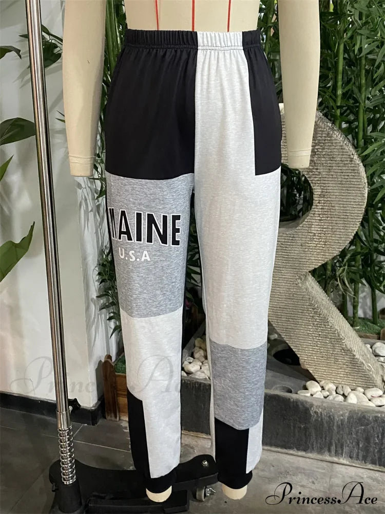 Color Block Jogger Letter Patchwork Print Knitting Slant Pocket Pants