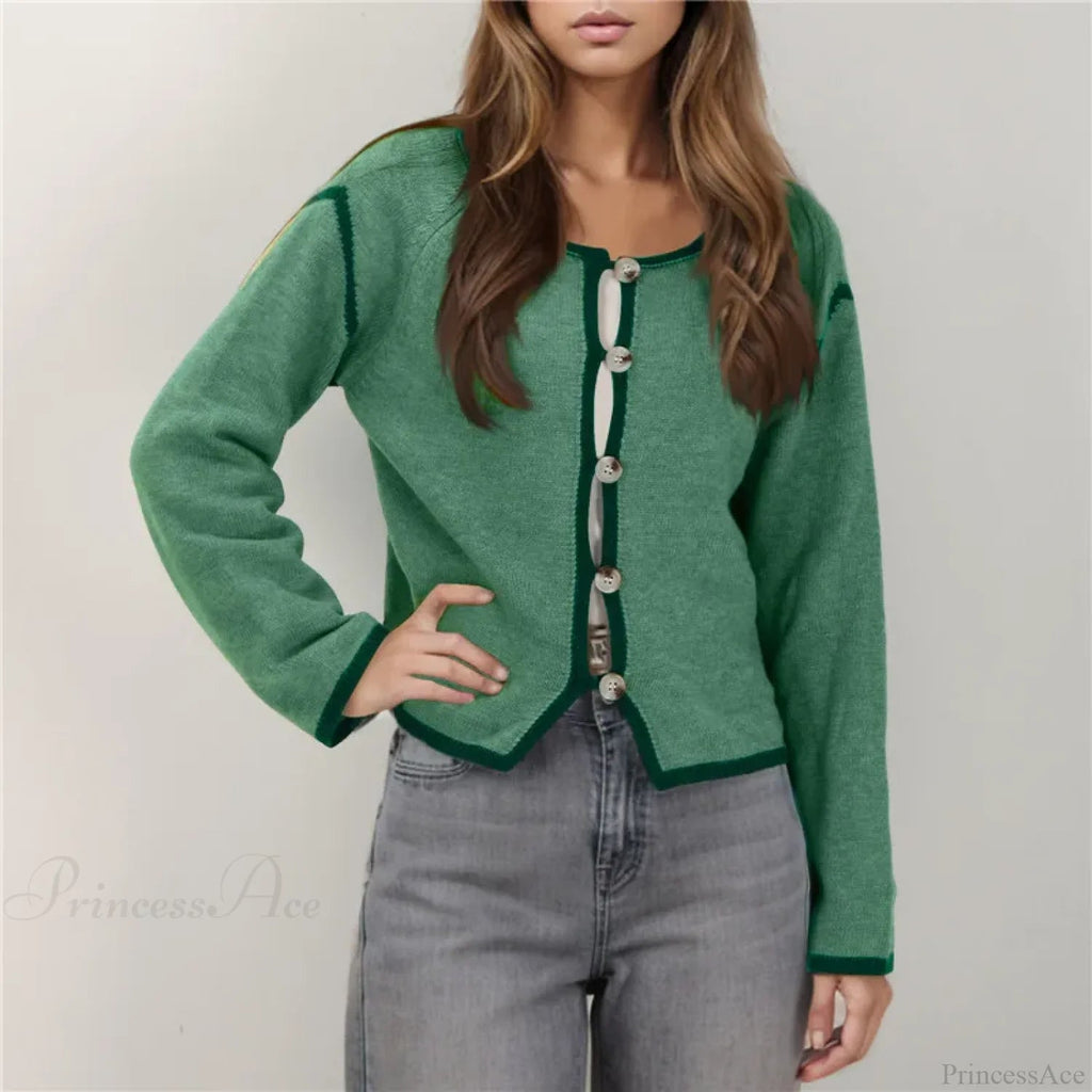 Contrast Stitching Long Sleeve Button Cardigan