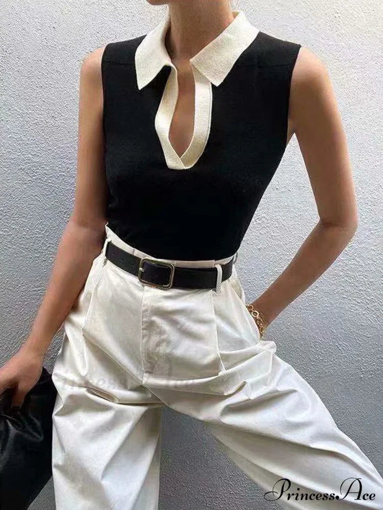 Contrast Trim Collar V-neck Knit Sweater Vest