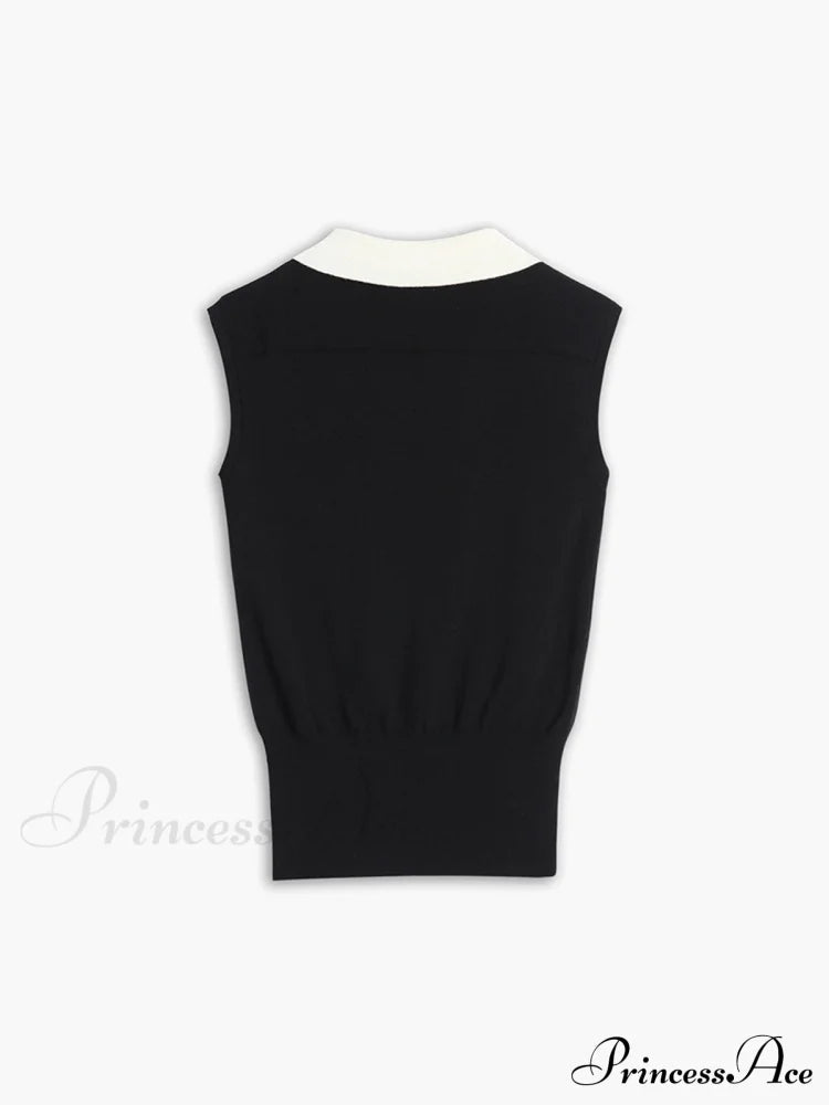 Contrast Trim Collar V-neck Knit Sweater Vest