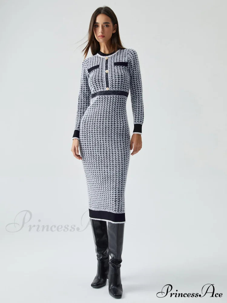 Contrast Trim Herringbone Bodycon Sweater Midi Dress
