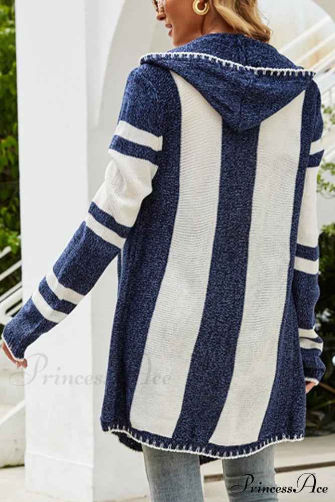 Contrast With Striped Cardigan Hooded Mid-length Design