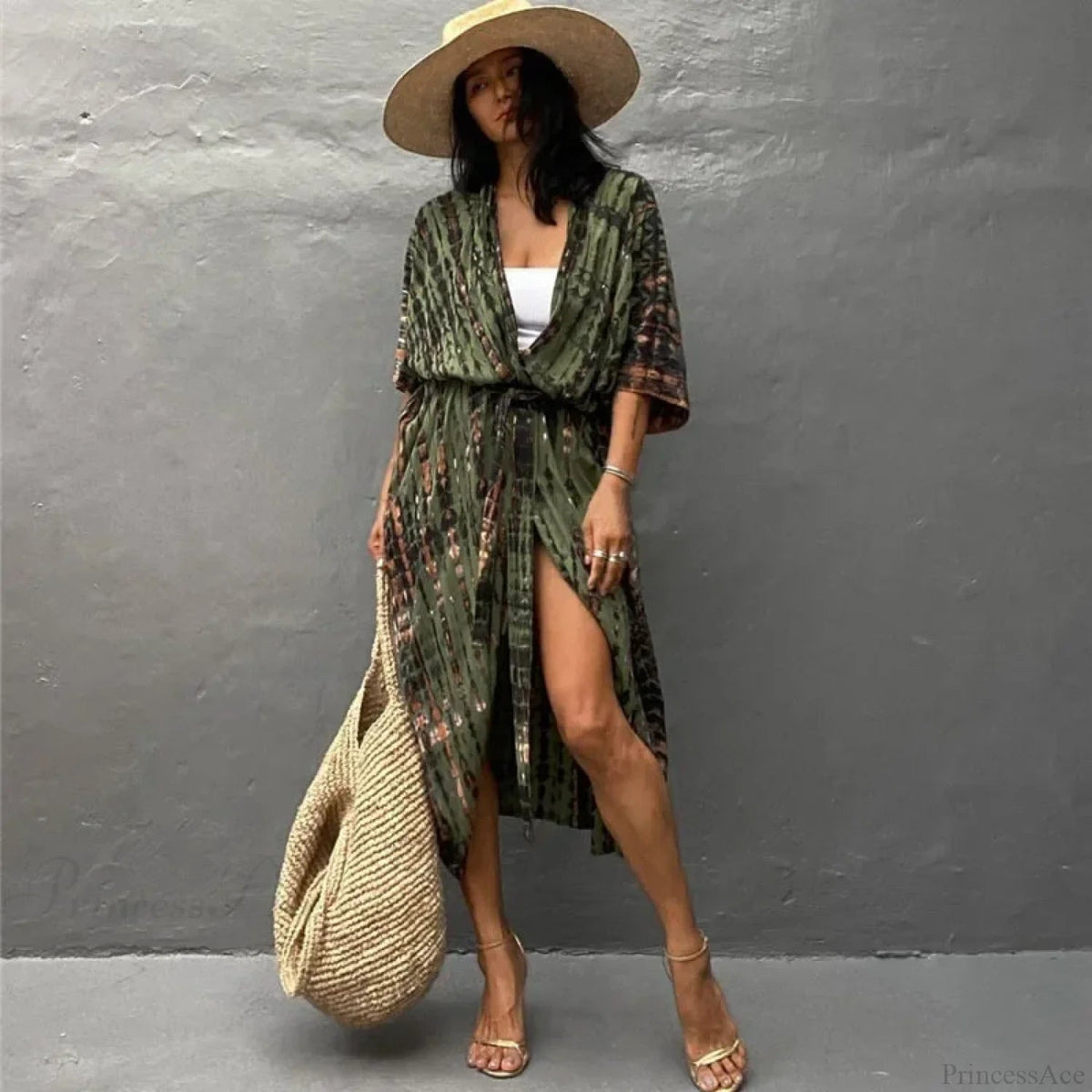 Cotton Rayon Striped Print Cardigan Beach Cover Up