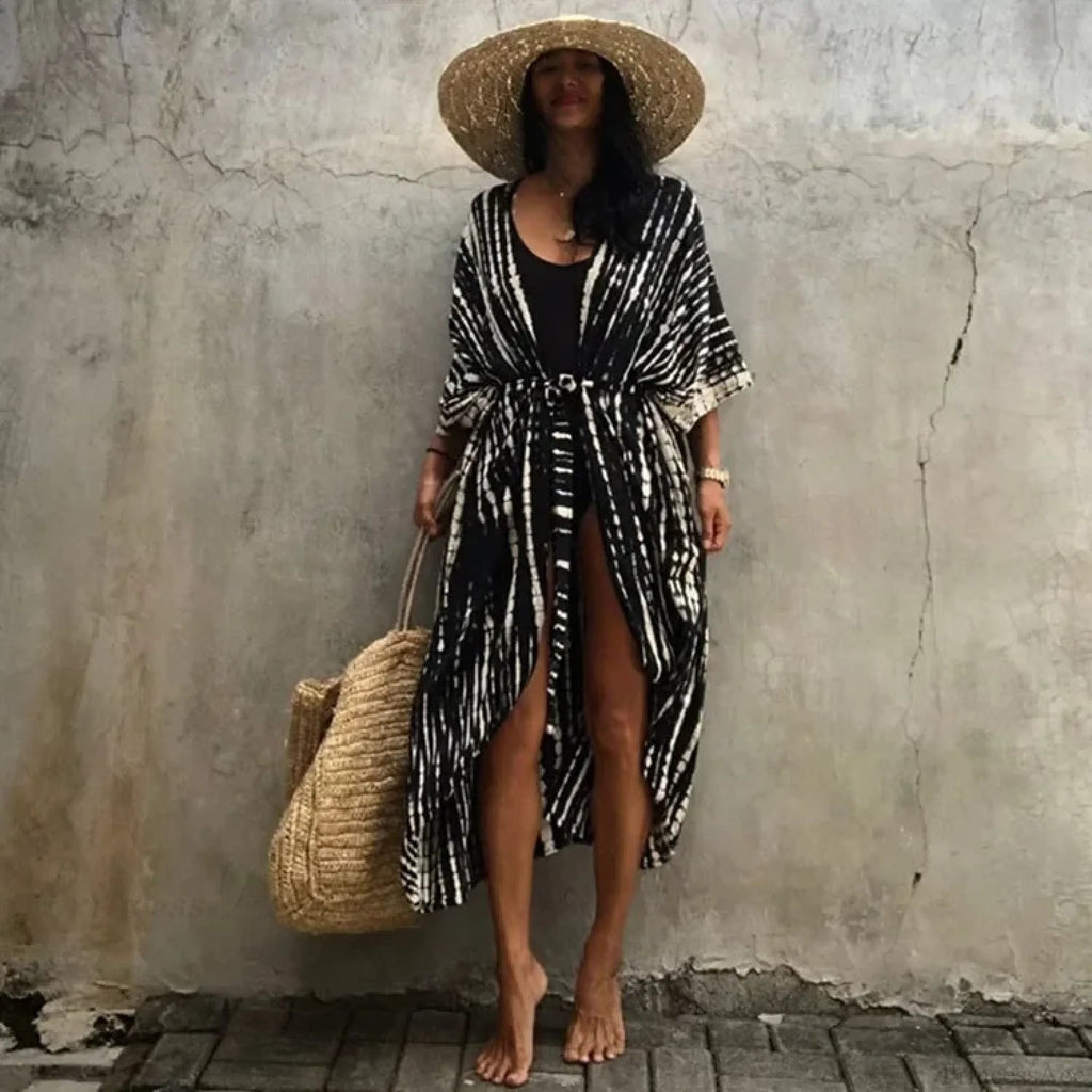 Cotton Rayon Striped Print Cardigan Beach Cover Up