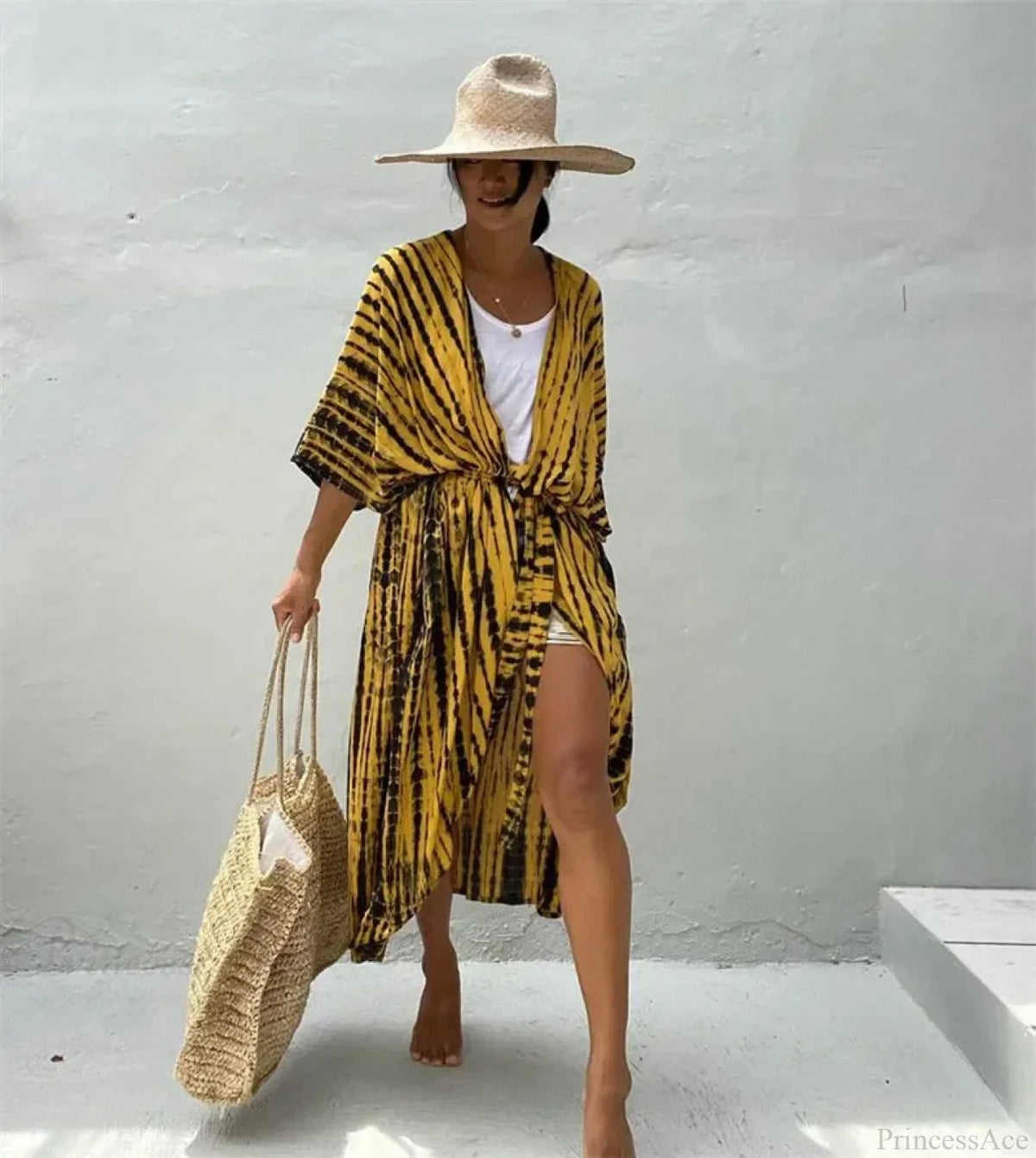 Cotton Rayon Striped Print Cardigan Beach Cover Up