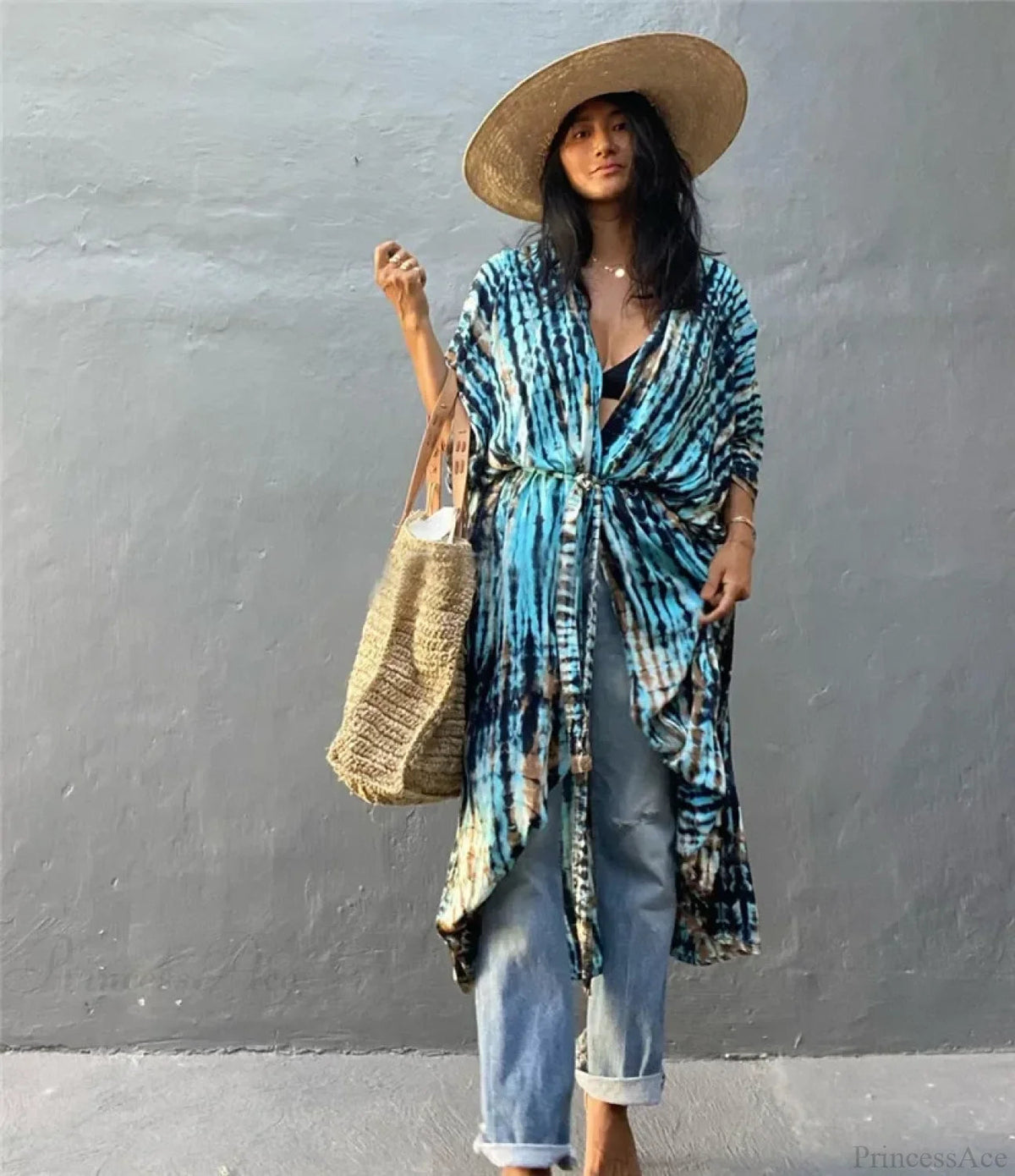 Cotton Rayon Striped Print Cardigan Beach Cover Up