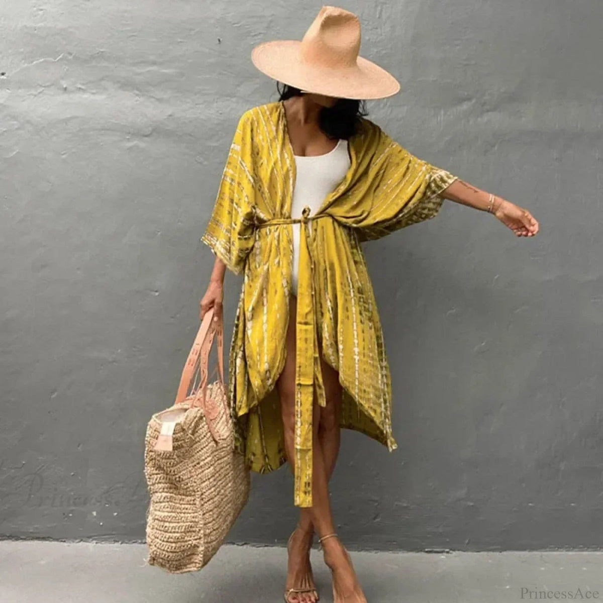 Cotton Rayon Striped Print Cardigan Beach Cover Up
