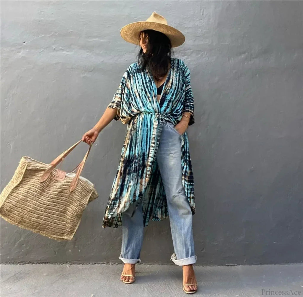 Cotton Rayon Striped Print Cardigan Beach Cover Up