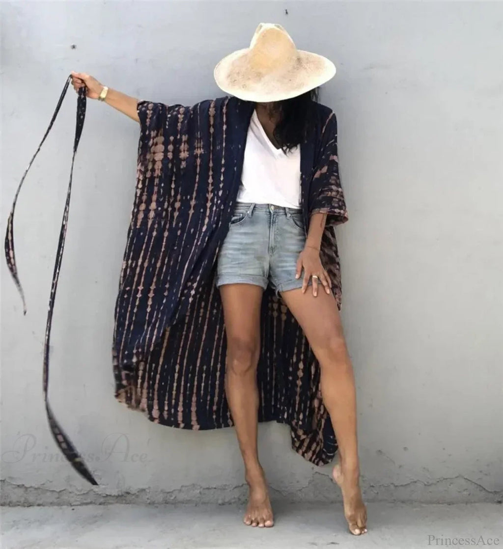Cotton Rayon Striped Print Cardigan Beach Cover Up