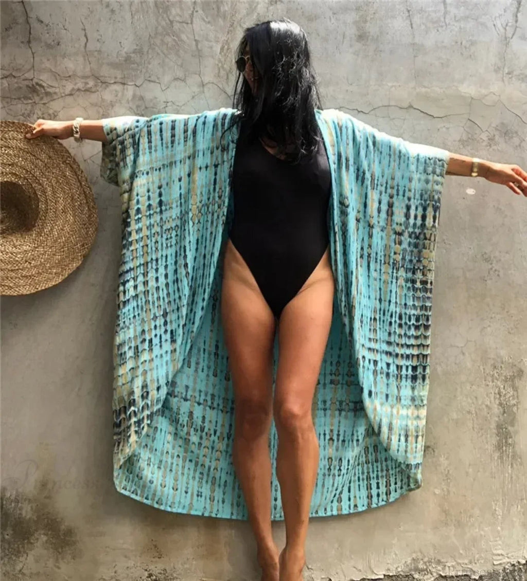 Cotton Rayon Striped Print Cardigan Beach Cover Up
