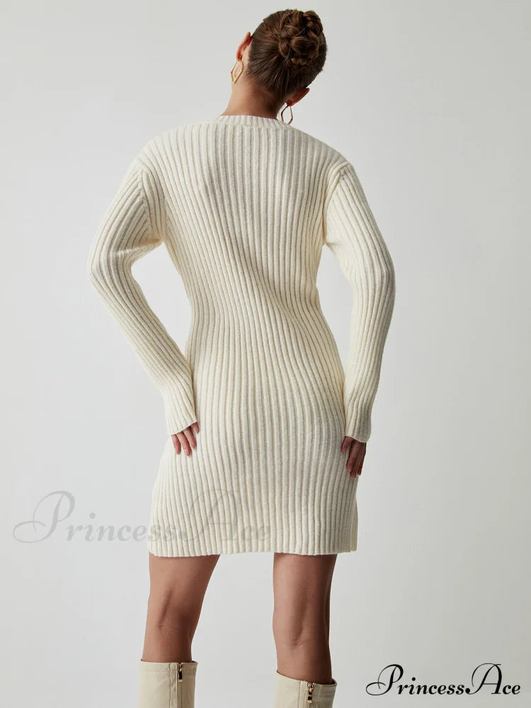 Cream Rib Long Sleeve Short Sweater Dress