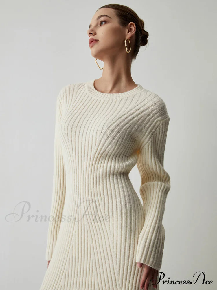 Cream Rib Long Sleeve Short Sweater Dress