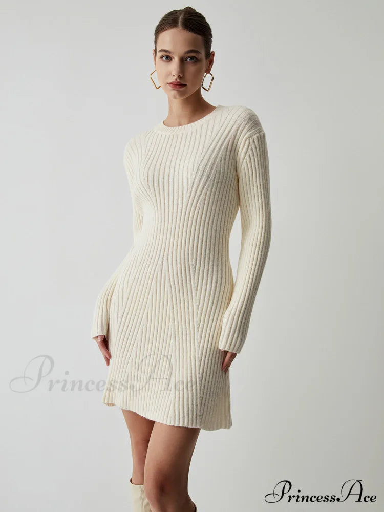 Cream Rib Long Sleeve Short Sweater Dress