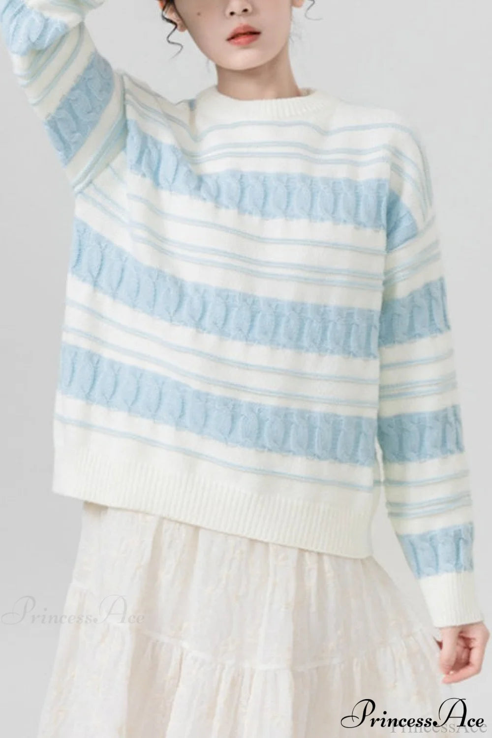 Creamy Stripe Cable-knit Loose Sweater