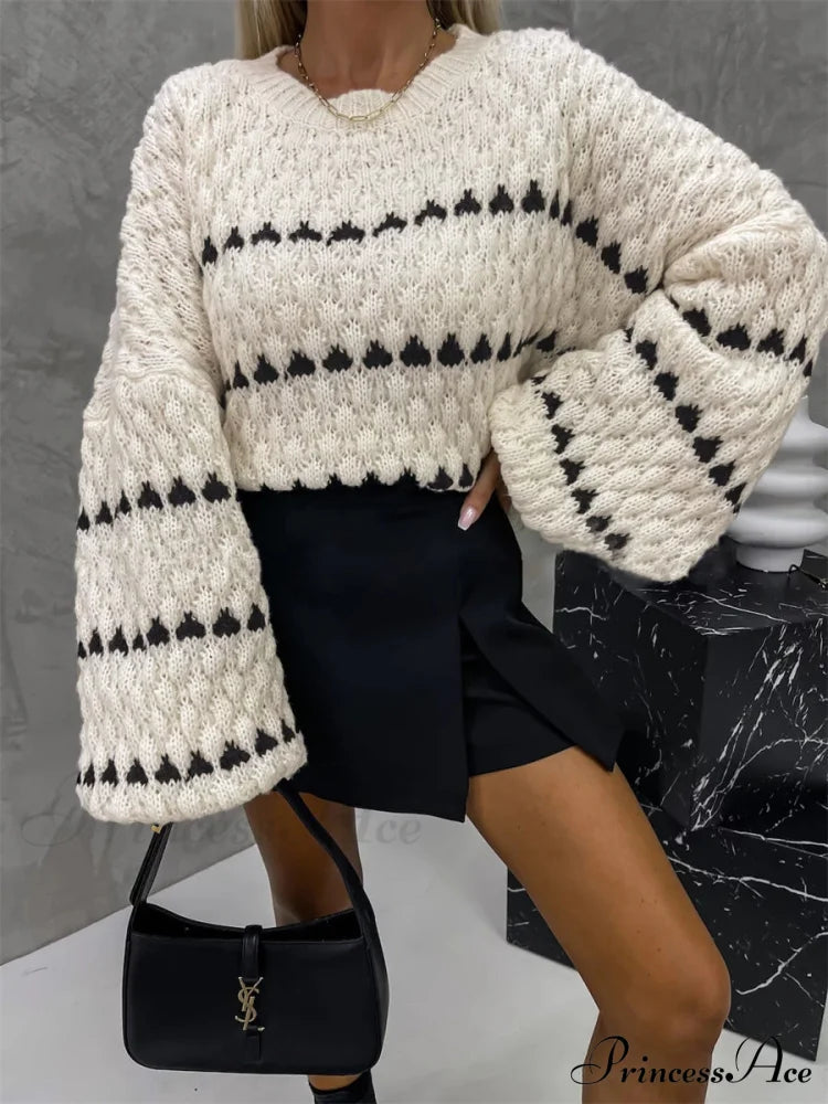 Crew Neck Two-tone Decor Sweater