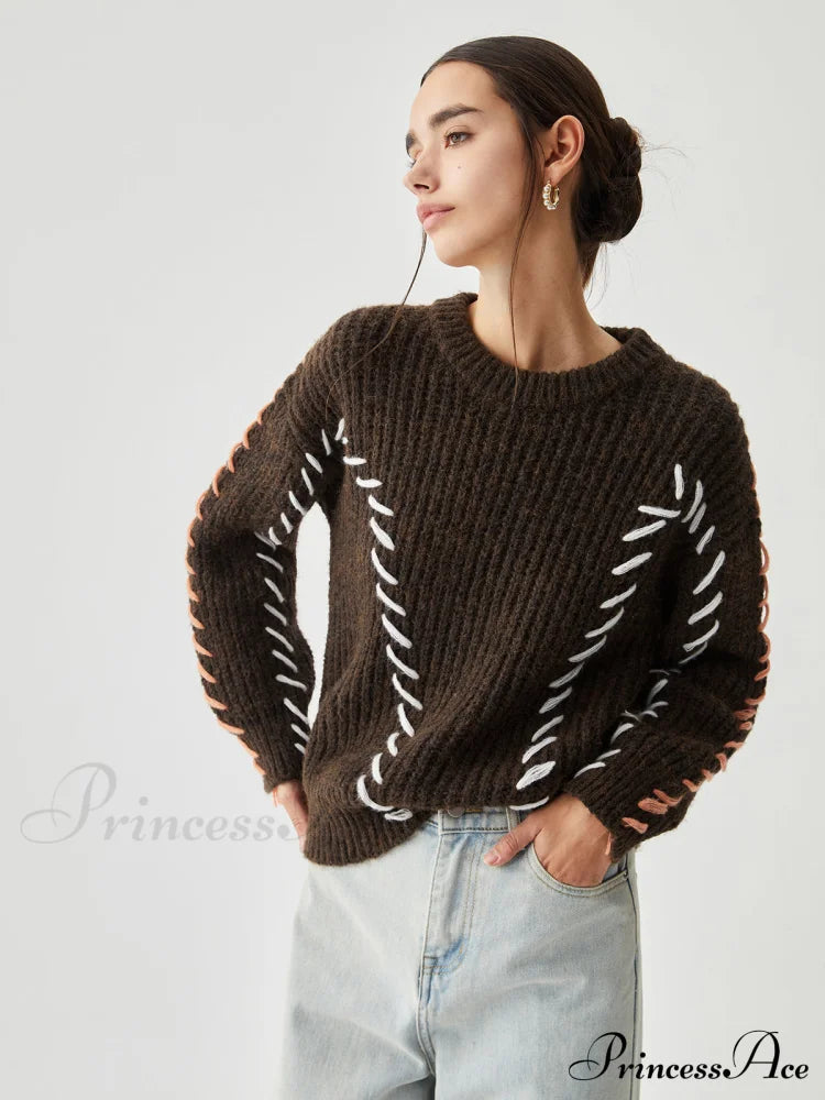 Crocheted Contrast Trim Ribbed Knit Sweater