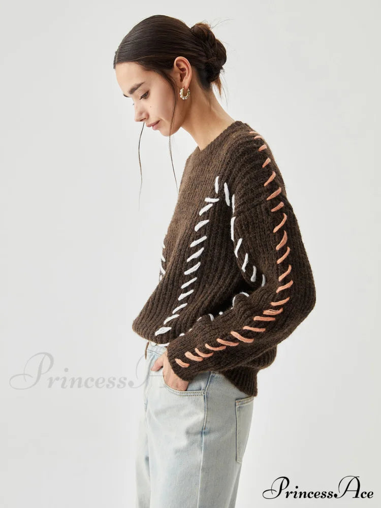 Crocheted Contrast Trim Ribbed Knit Sweater