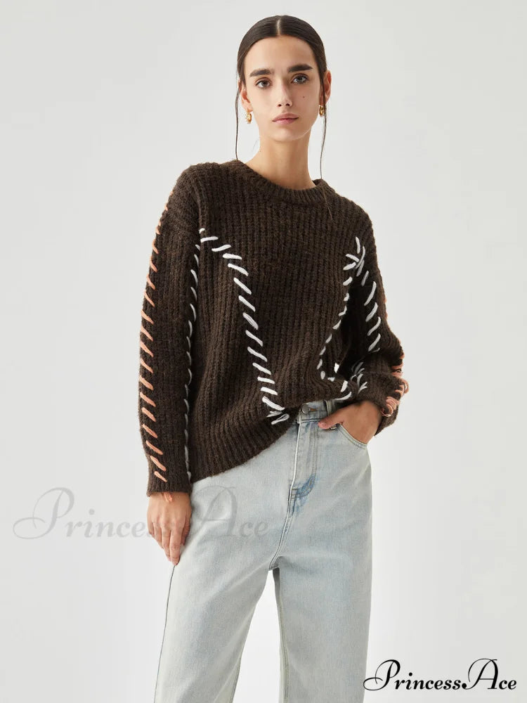 Crocheted Contrast Trim Ribbed Knit Sweater